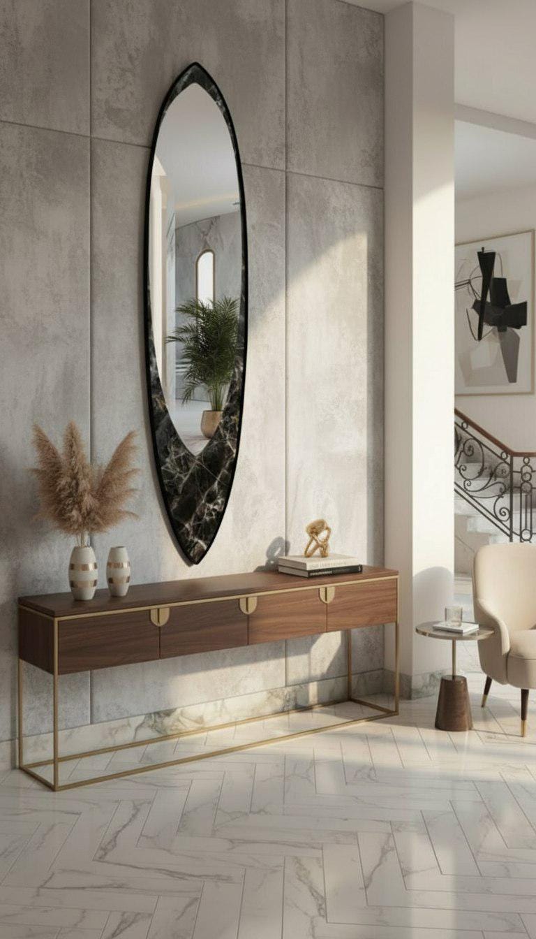Wall mirror in wooden surfboard shaped frame
