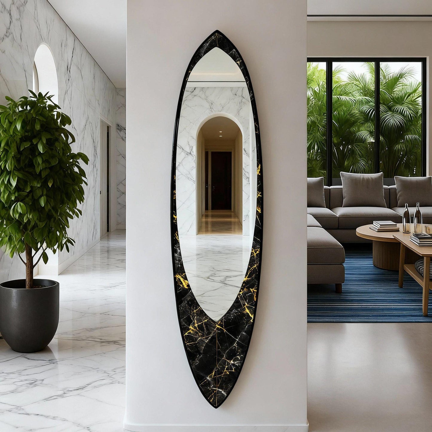 Wall mirror in wooden surfboard shaped frame
