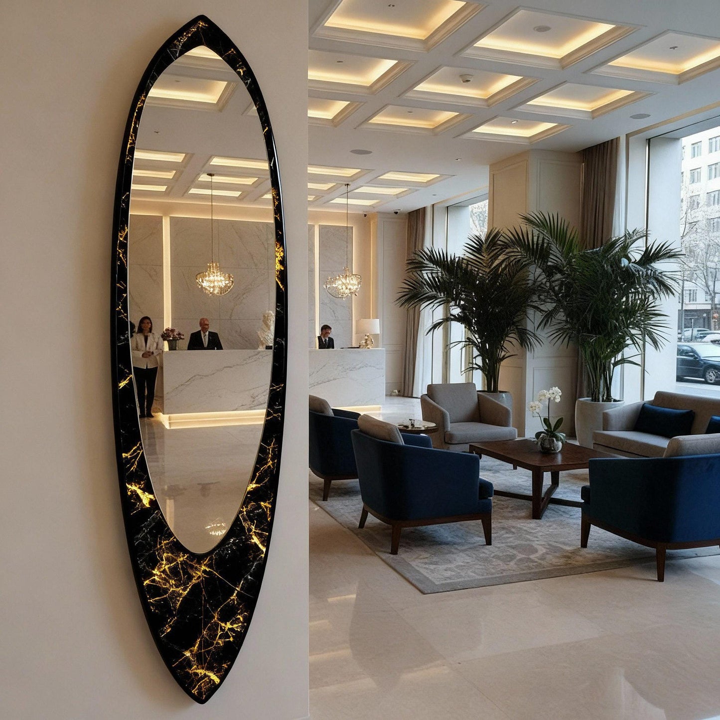 Wall mirror in wooden surfboard shaped frame
