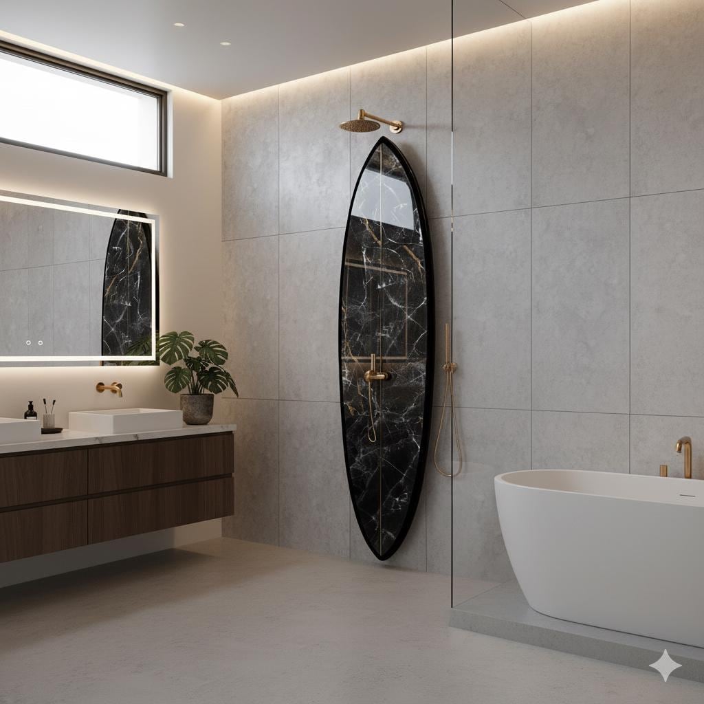 Surfboard-Shaped Shower Panel with Black Marble Texture – A Striking Design Accent