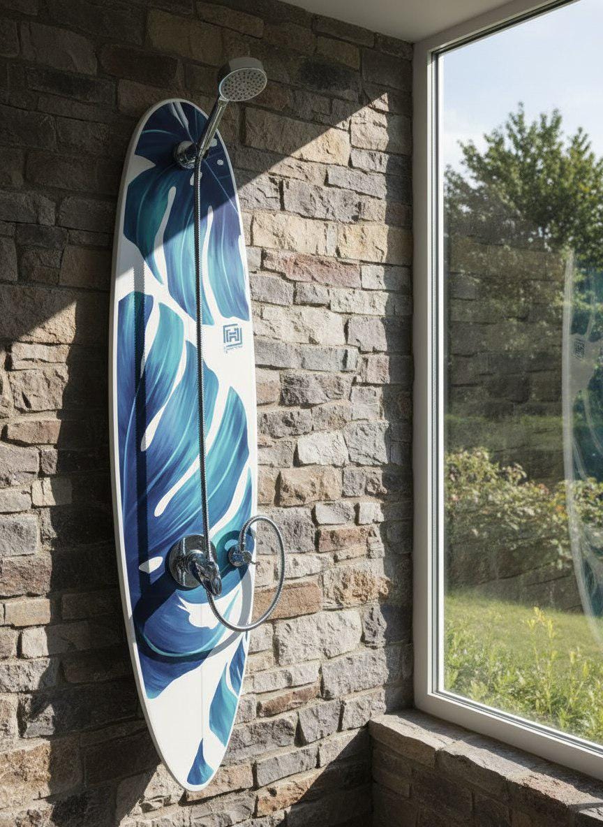Surfboard Shower Panel – Tropical Leaf, Beach Decor