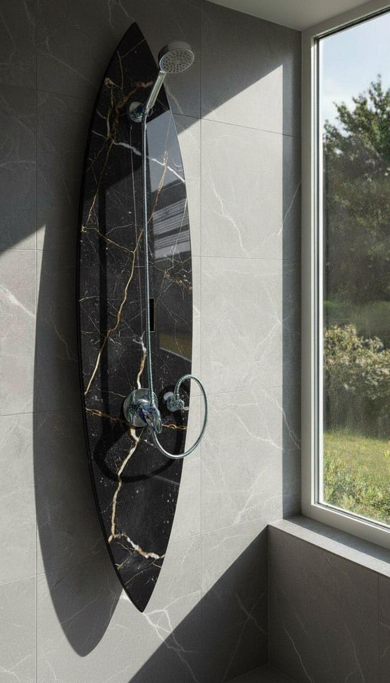 Surfboard-Shaped Shower Panel with Black Marble Texture – A Striking Design Accent