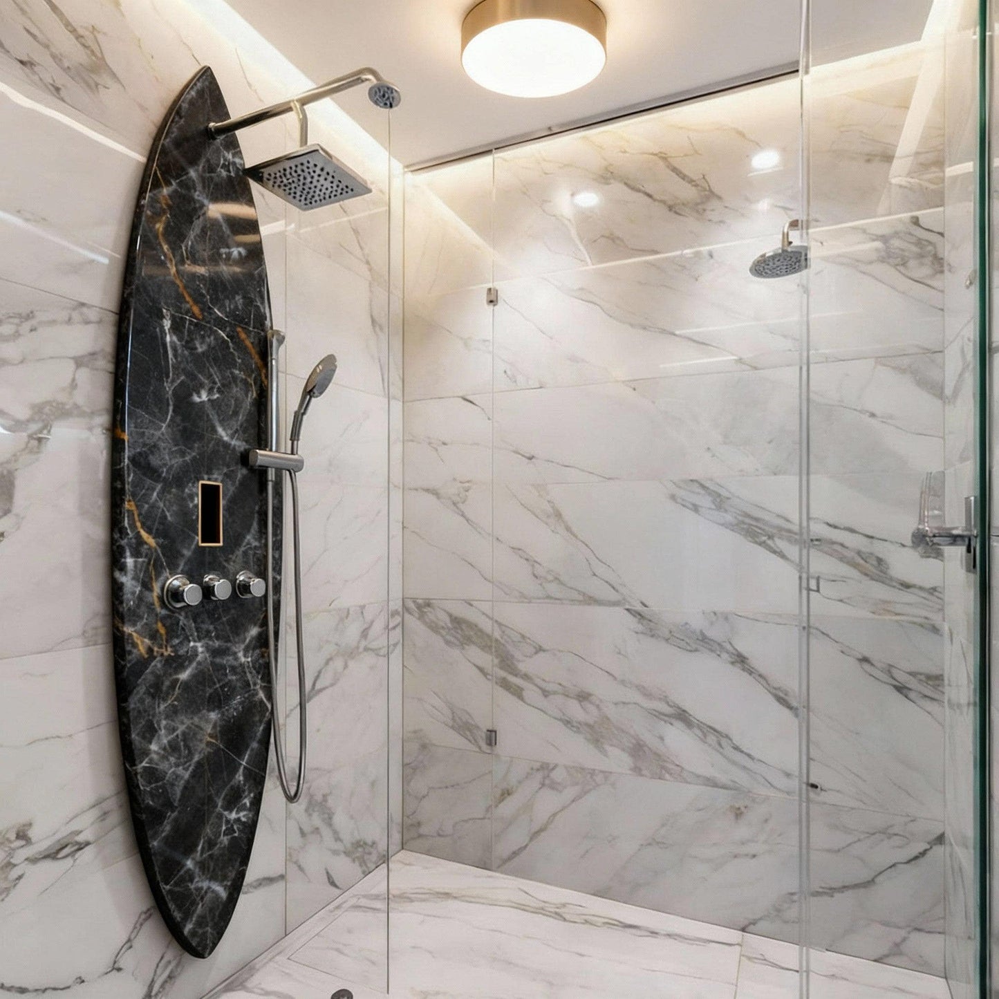 Surfboard-Shaped Shower Panel with Black Marble Texture – A Striking Design Accent
