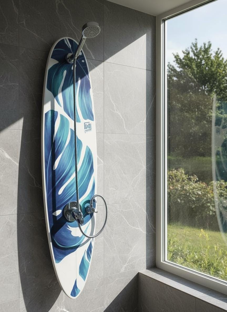 Surfboard Shower Panel – Tropical Leaf, Beach Decor