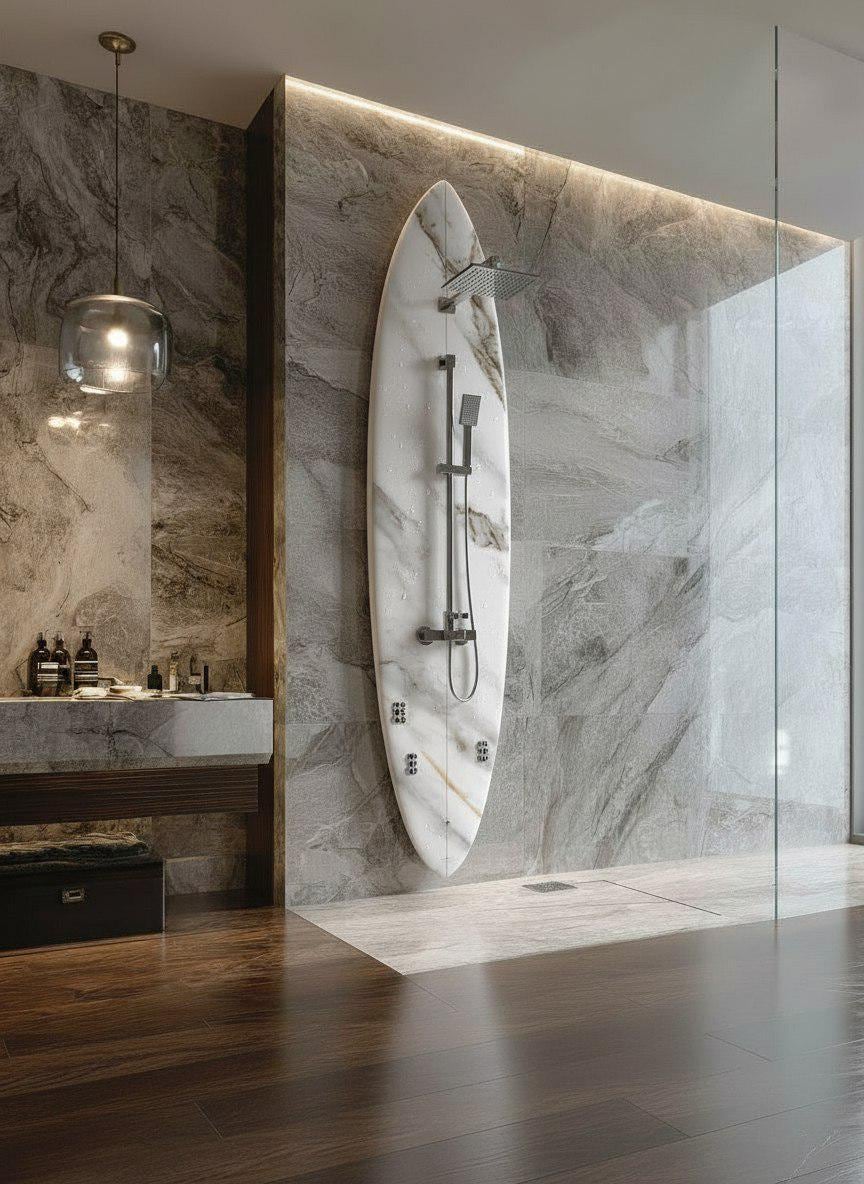 Surfboard-Shaped Shower Panel with Black Marble Texture – A Striking Design Accent