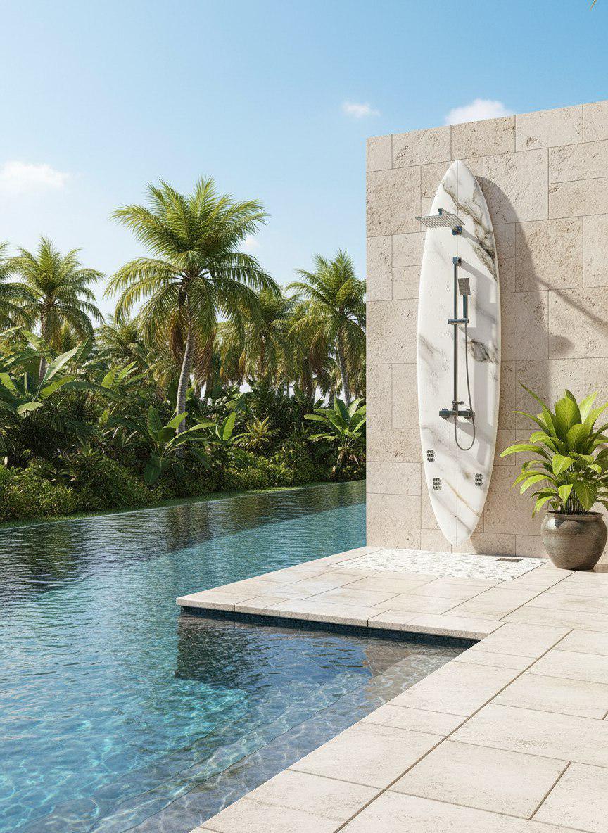 Surfboard-Shaped Shower Panel with Black Marble Texture – A Striking Design Accent