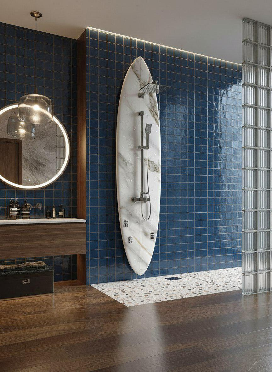 Surfboard-Shaped Shower Panel with Black Marble Texture – A Striking Design Accent