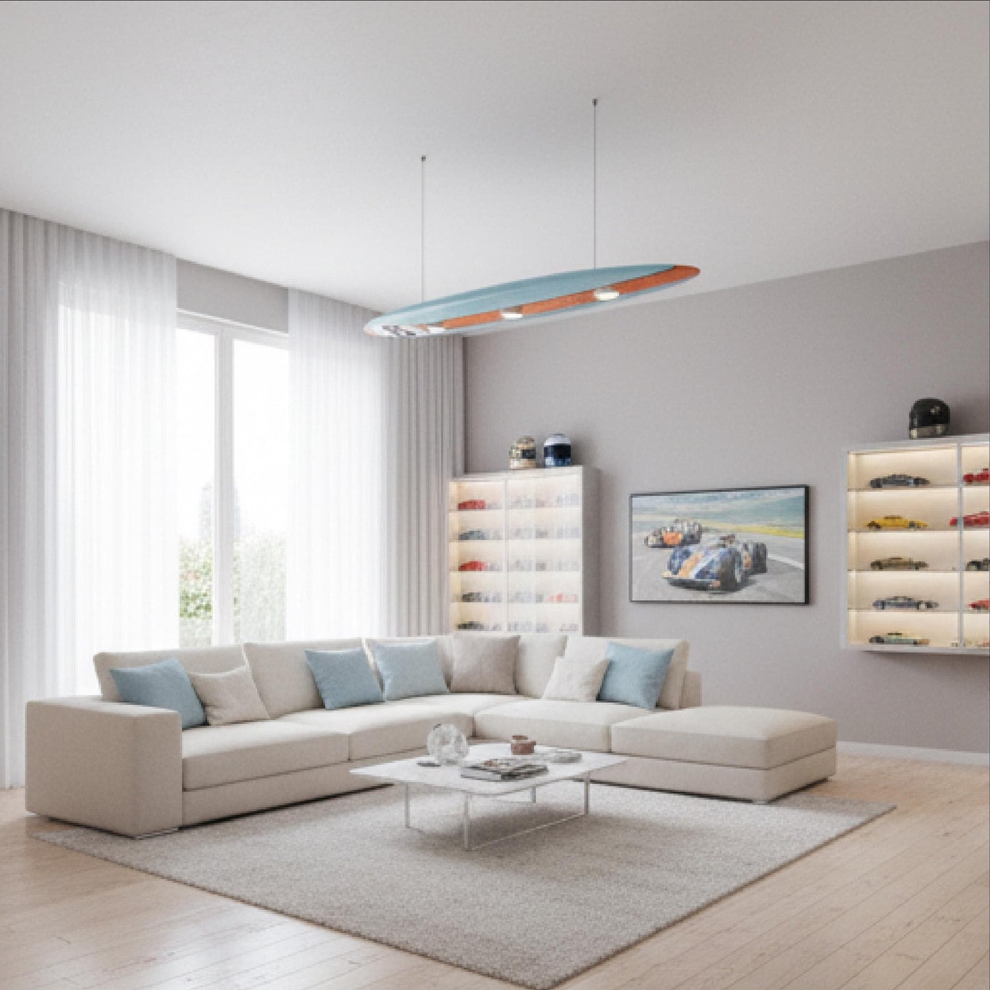 Handcrafted Surfboard LED Ceiling Light: Coastal Game Room Decor