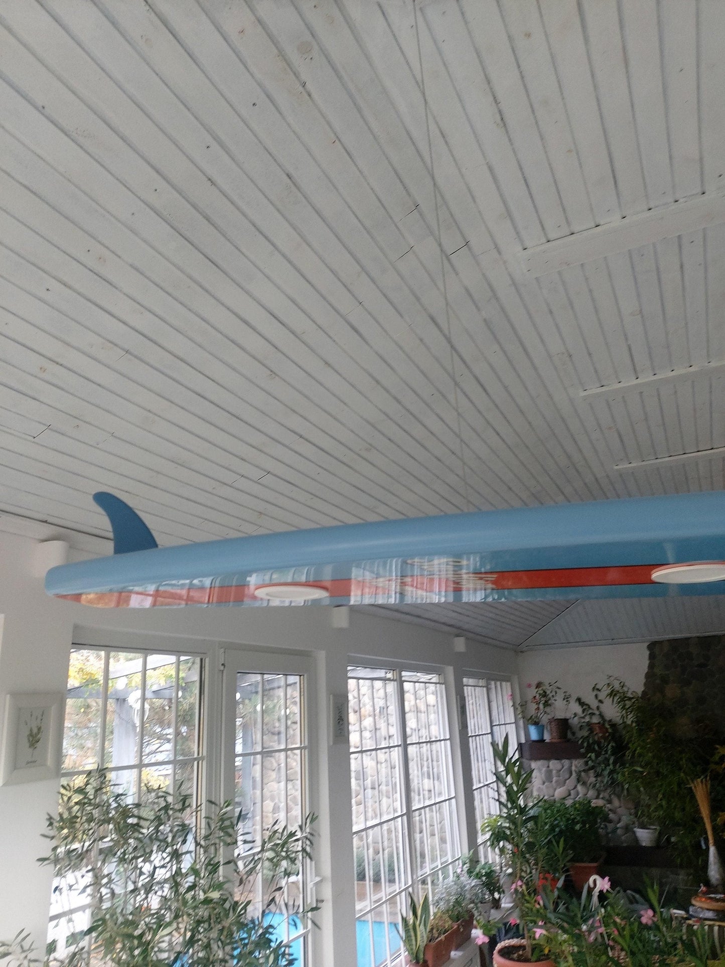 Handcrafted Surfboard LED Ceiling Light: Coastal Game Room Decor