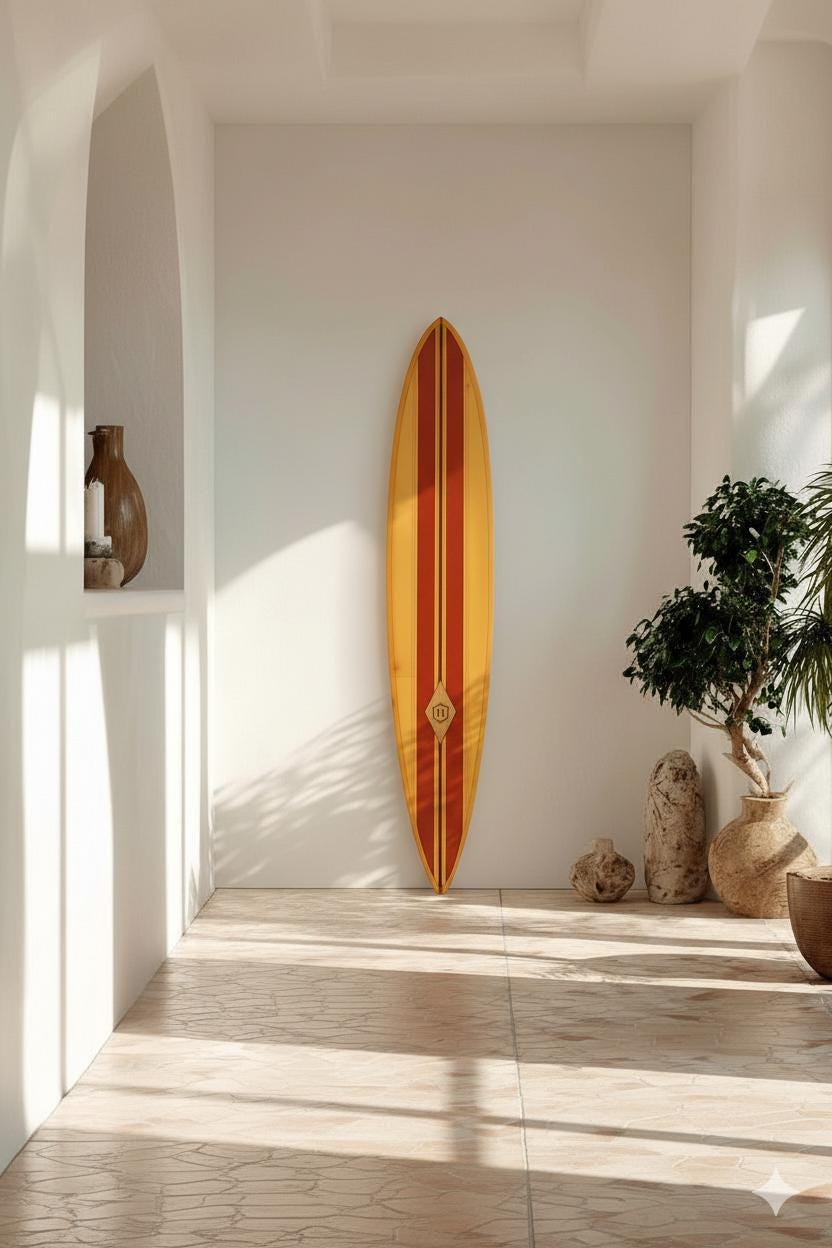 Vintage Surfboard Wall Hanging – Retro Longboard with Stripes – Nautical Coastal Decor