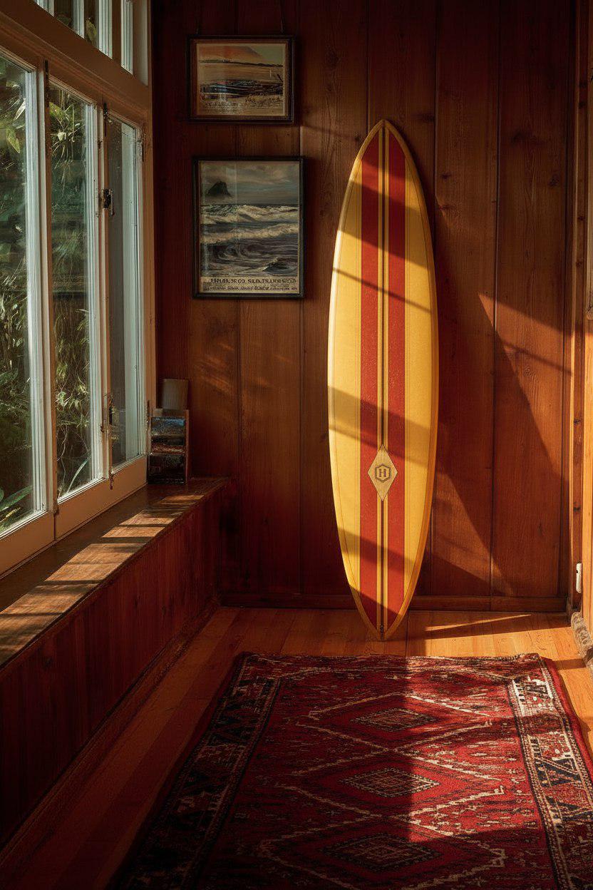 Vintage Surfboard Wall Hanging – Retro Longboard with Stripes – Nautical Coastal Decor
