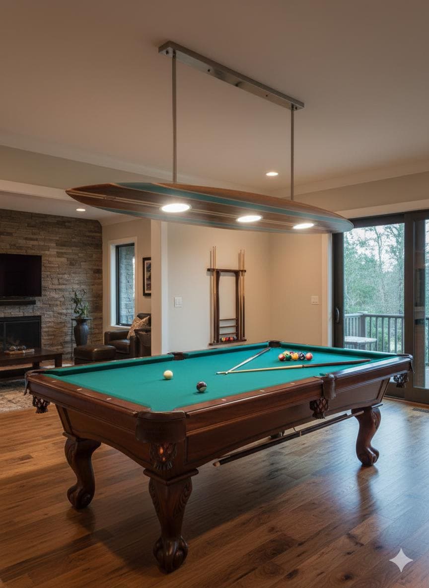 Surfboard Pool Table Light – Vintage Coastal Pendant Lamp for Game Room and Bar
