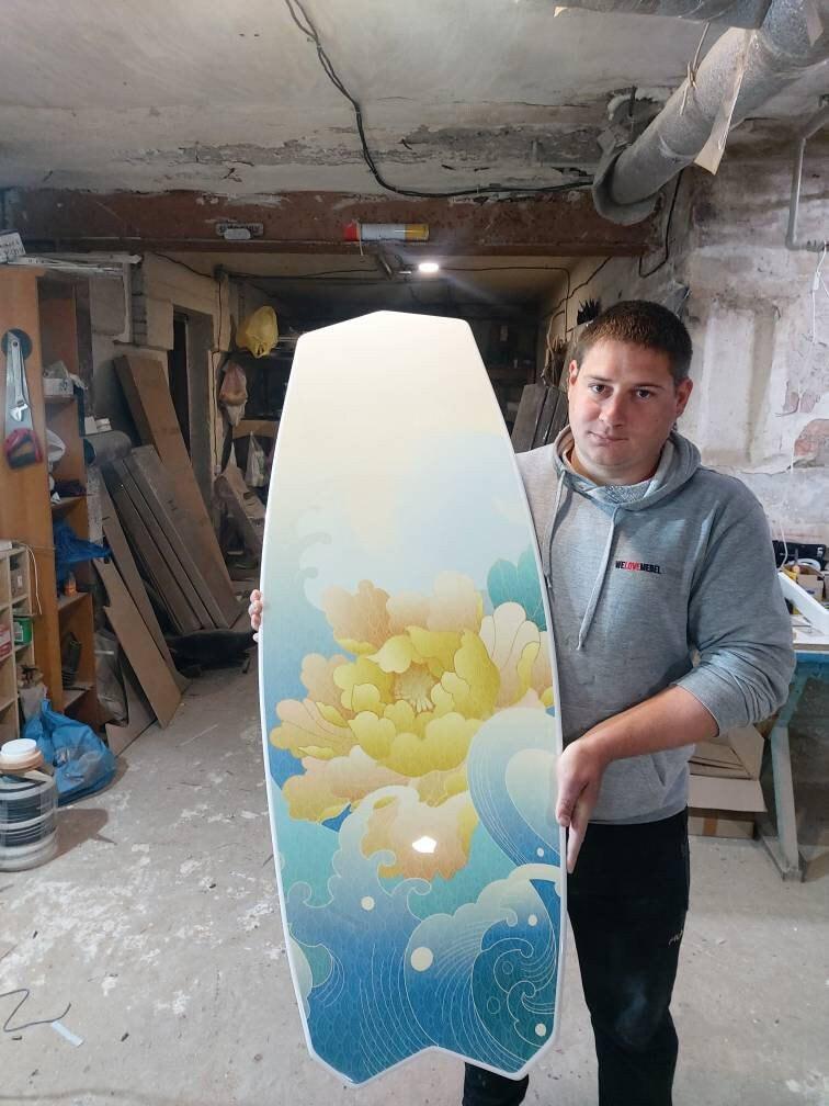 Surfboard Coffee Table: Yellow Flower Beach Decor