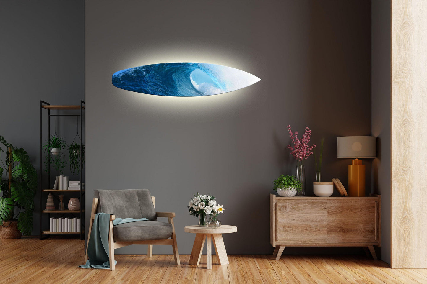Surfboard-shape wall led light with ocean wave realistic print