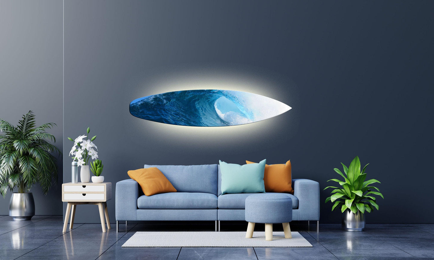 Surfboard-shape wall led light with ocean wave realistic print