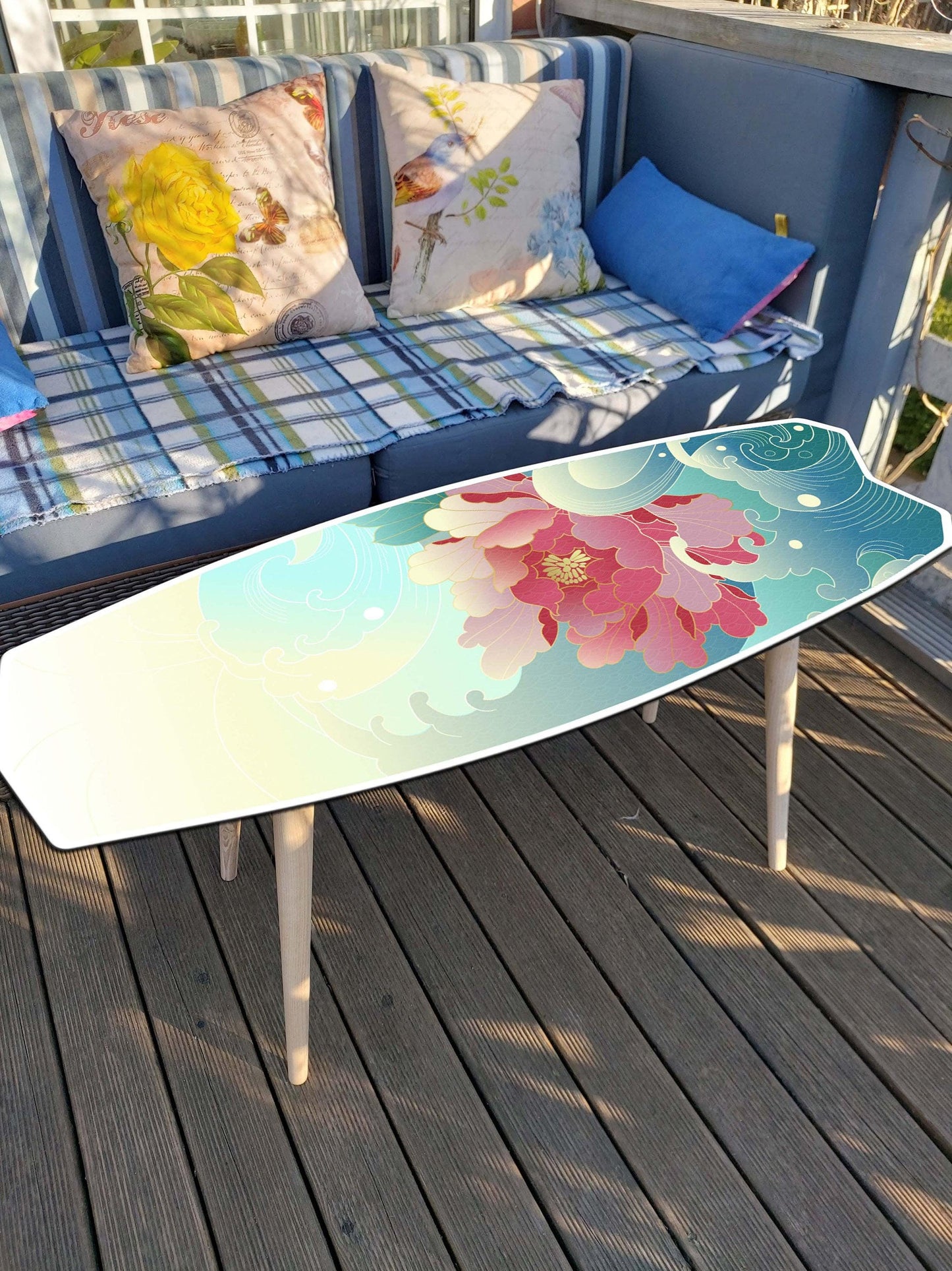 Surfboard Coffee Table: Yellow Flower Beach Decor