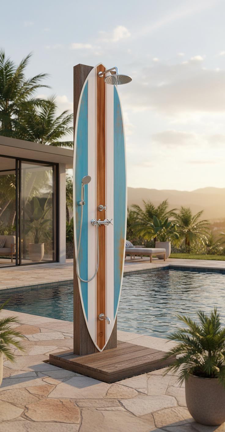 Surfboard Outdoor Shower Panel – Vintage Coastal Style Poolside Shower