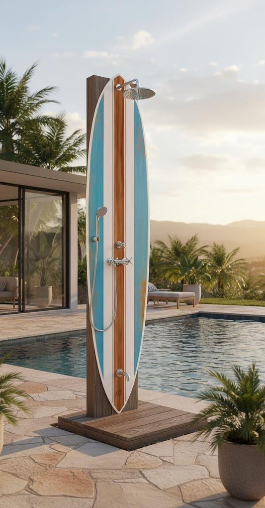 Surfboard Outdoor Shower Panel – Vintage Coastal Style Poolside Shower