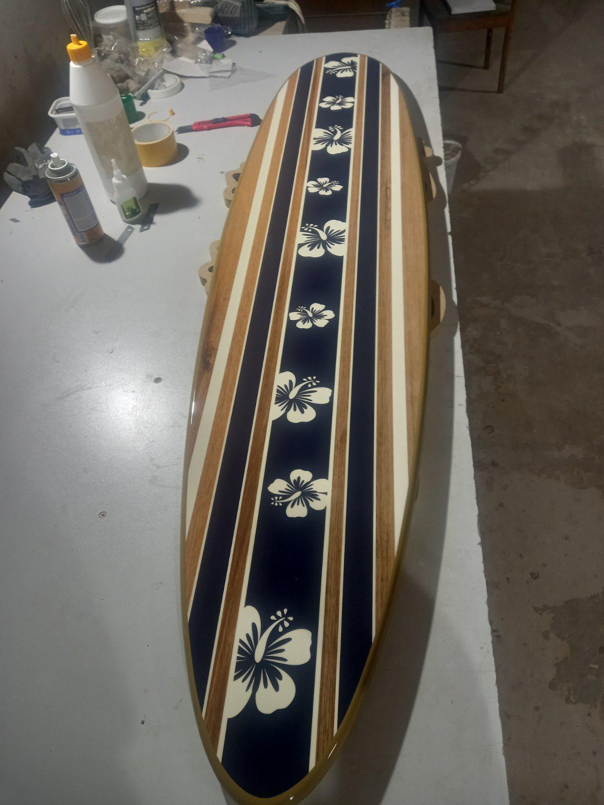 Hawaiian Surfboard Shower Panel – Navy Blue with Hibiscus Pattern