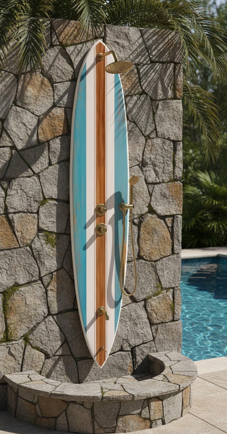 Surfboard Outdoor Shower Panel – Vintage Coastal Style Poolside Shower