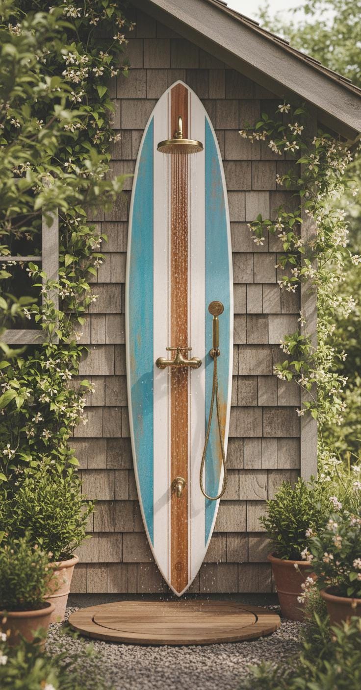 Surfboard Outdoor Shower Panel – Vintage Coastal Style Poolside Shower