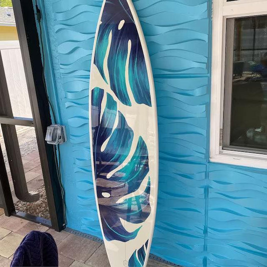 Monstera Leaf Surfboard Wall Art – Tropical Handmade Surfboard Decor for Coastal Home