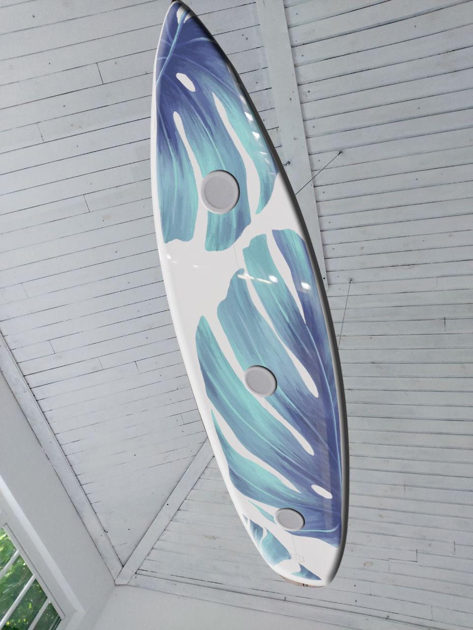 Surfboard Ceiling Light with Monstera Design for Billiard Rooms
