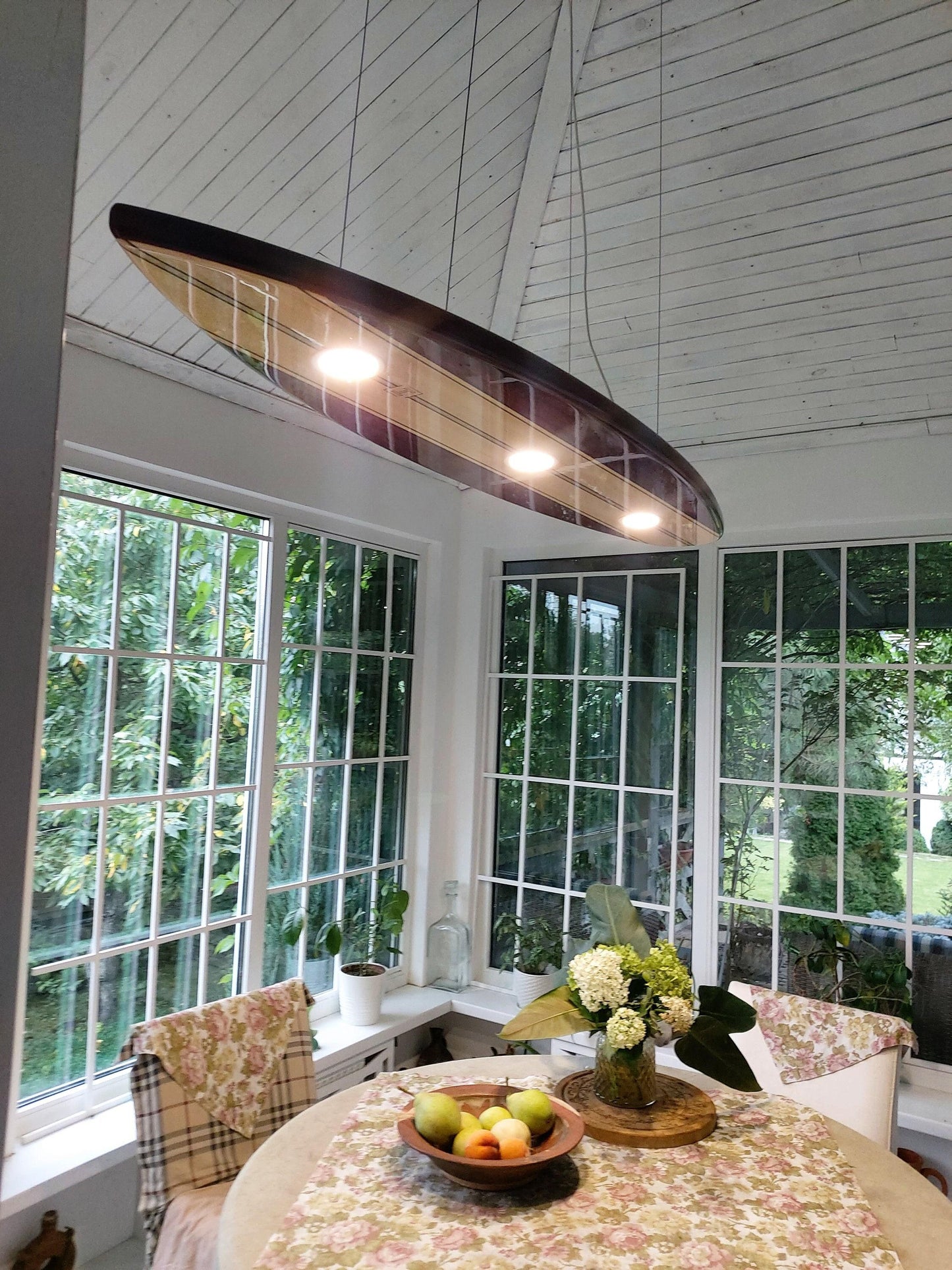 Surfboard Ceiling Light with Monstera Design for Billiard Rooms