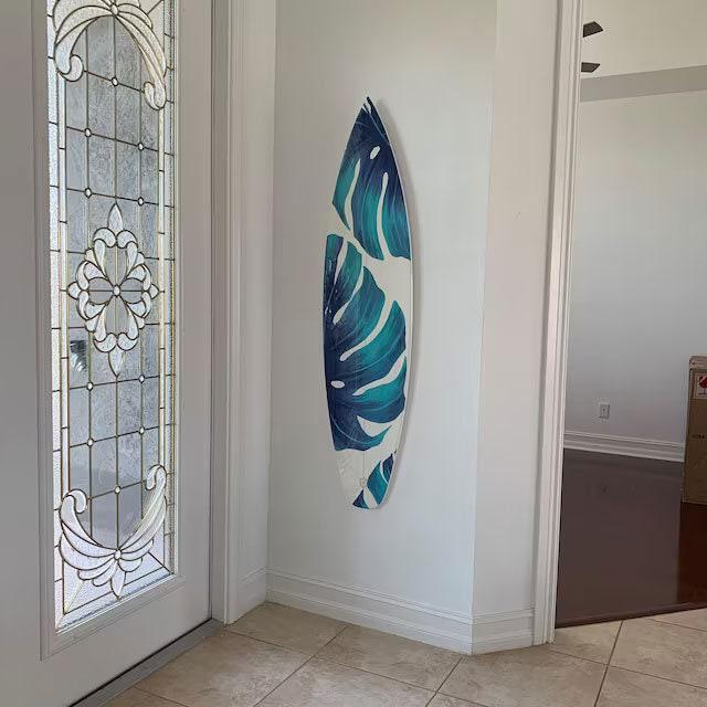Monstera Leaf Surfboard Wall Art – Tropical Handmade Surfboard Decor for Coastal Home