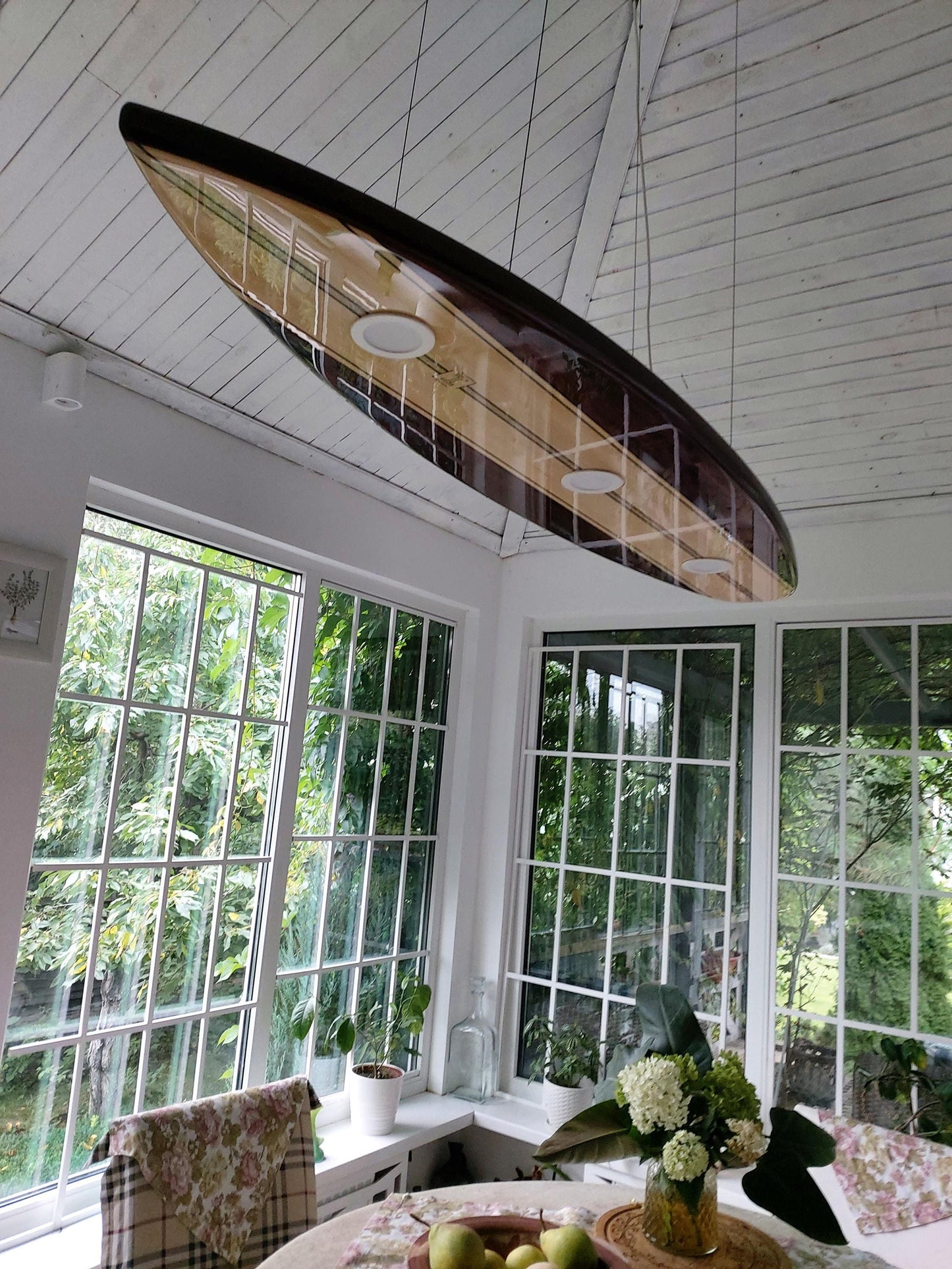Surfboard Ceiling Light with Monstera Design for Billiard Rooms