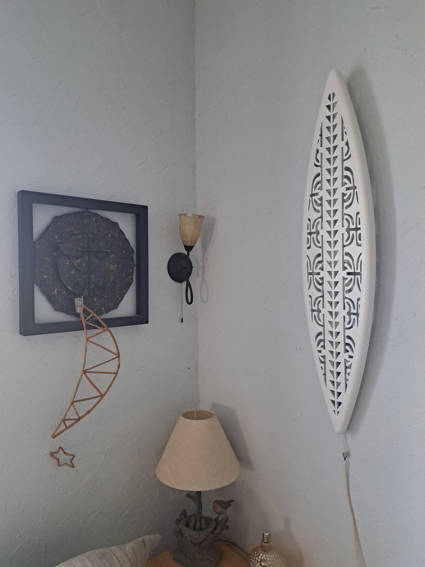 Surfboard inspired wall led light with maori pattern