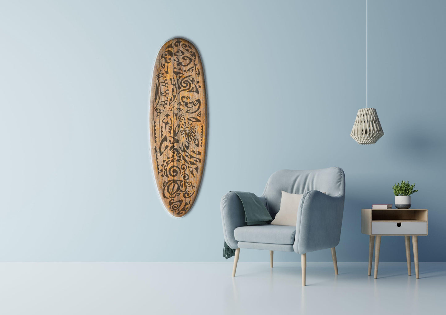 Surfboard-shape wall led light with maori pattern, turtle