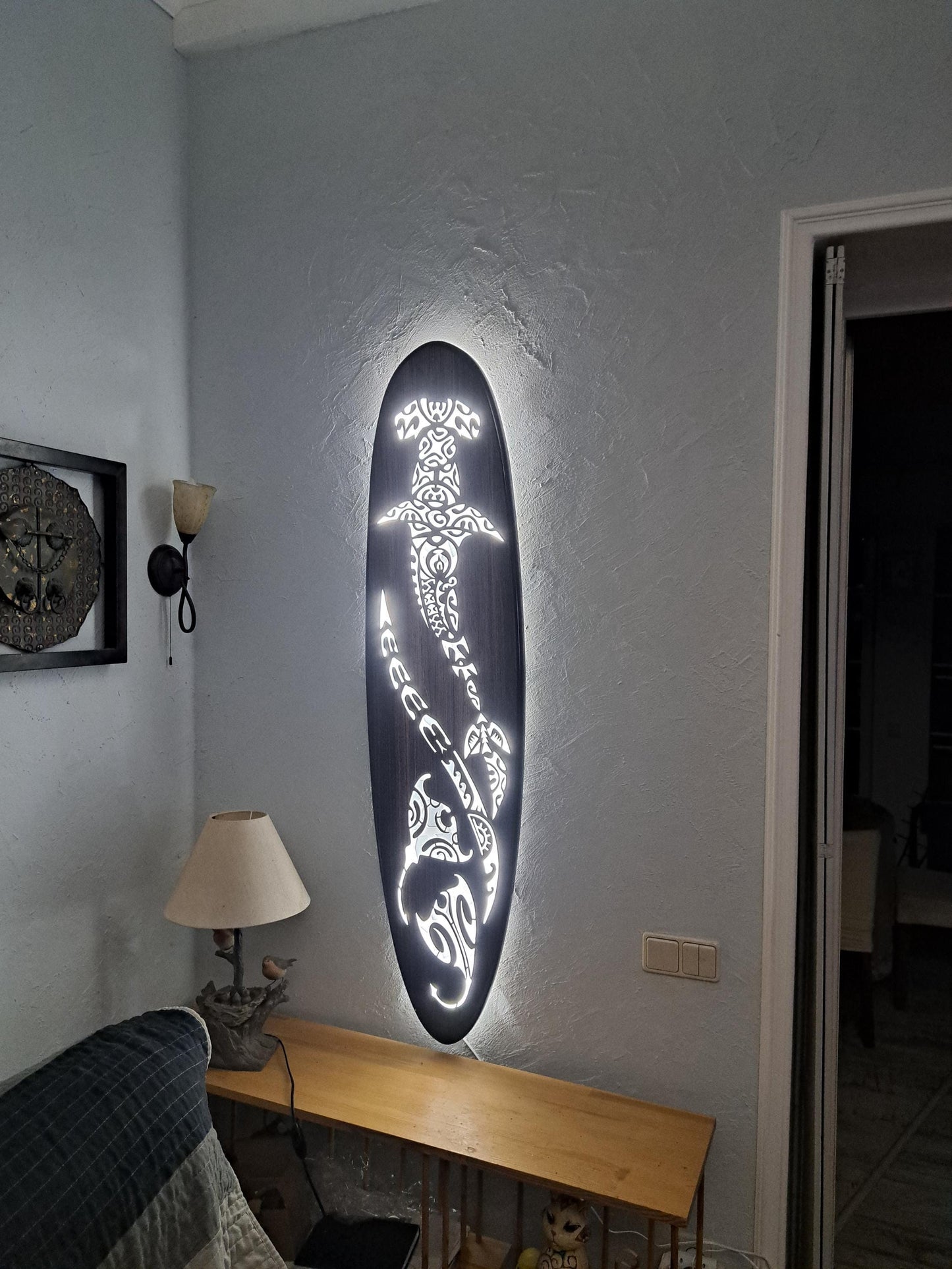Wall Light “Shark and Rays” — LED Backlight, Ocean Theme, Maori Style