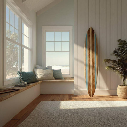 Vintage Surfboard Wall Decor – Wooden Surfboard with Blue Stripes – Coastal Nautical Home Accent