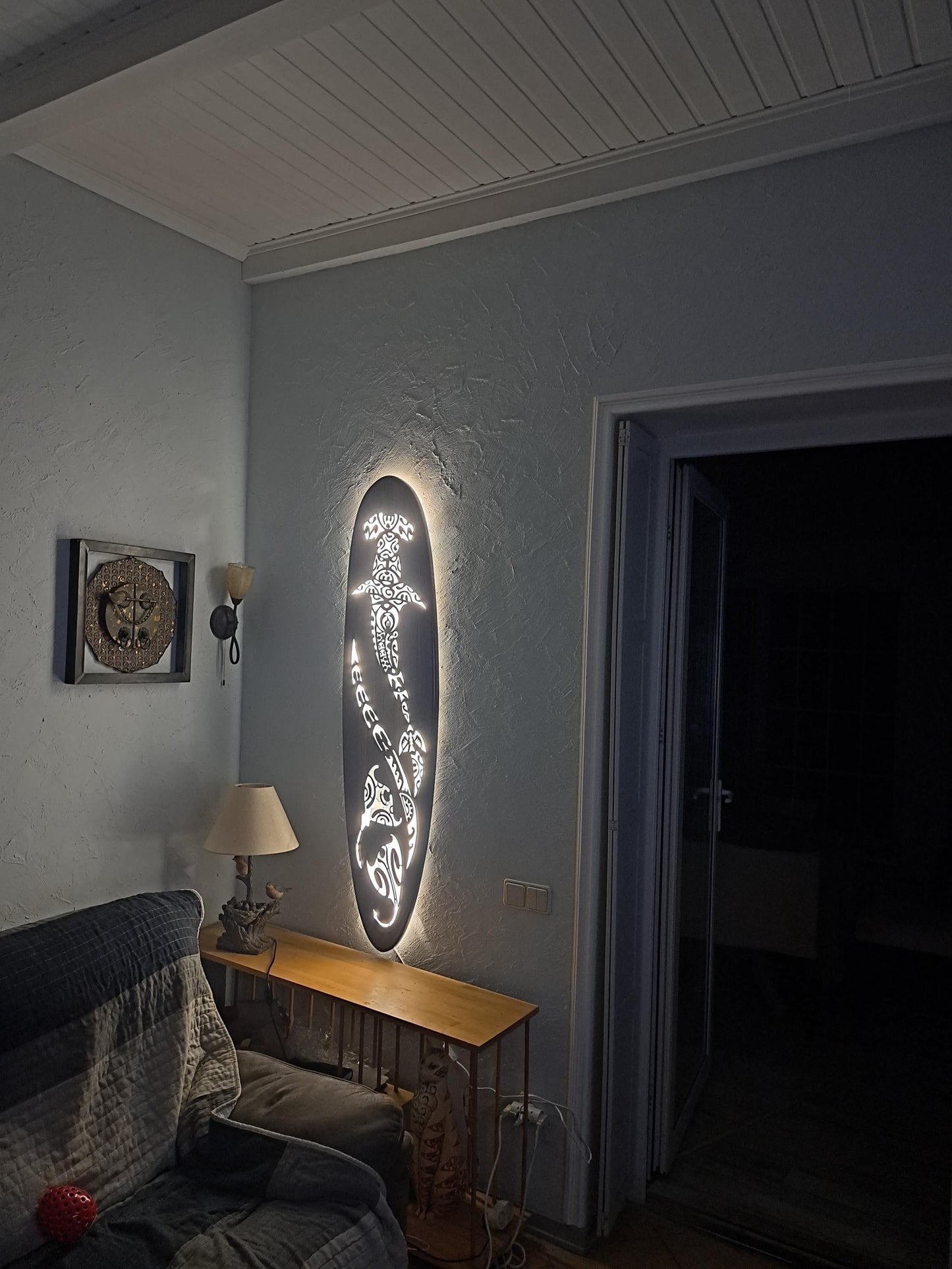 Wall Light “Shark and Rays” — LED Backlight, Ocean Theme, Maori Style
