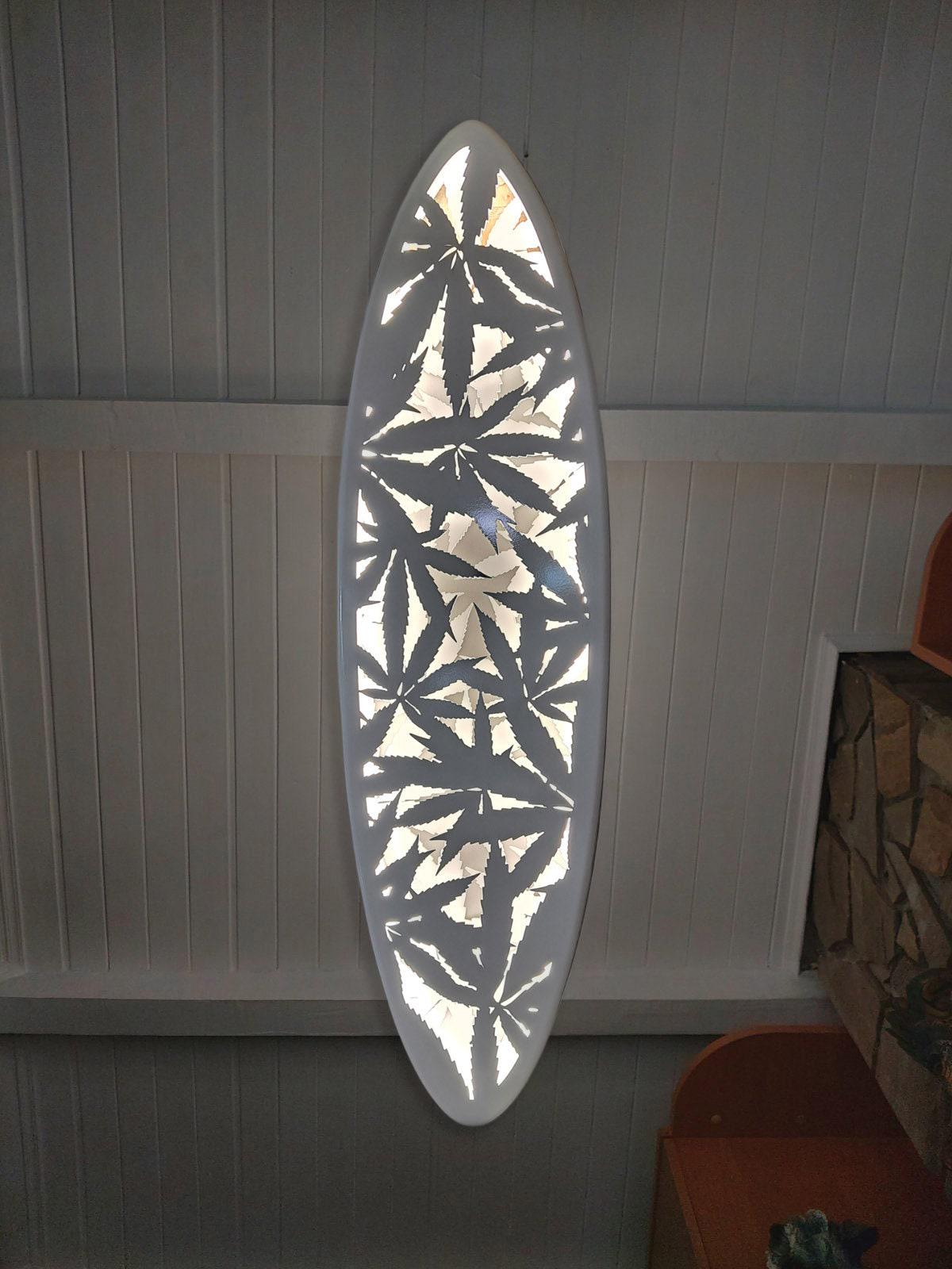 Surfboard LED Ceiling Light, Cannabis Leaf Decor, Wooden Wall Lamp