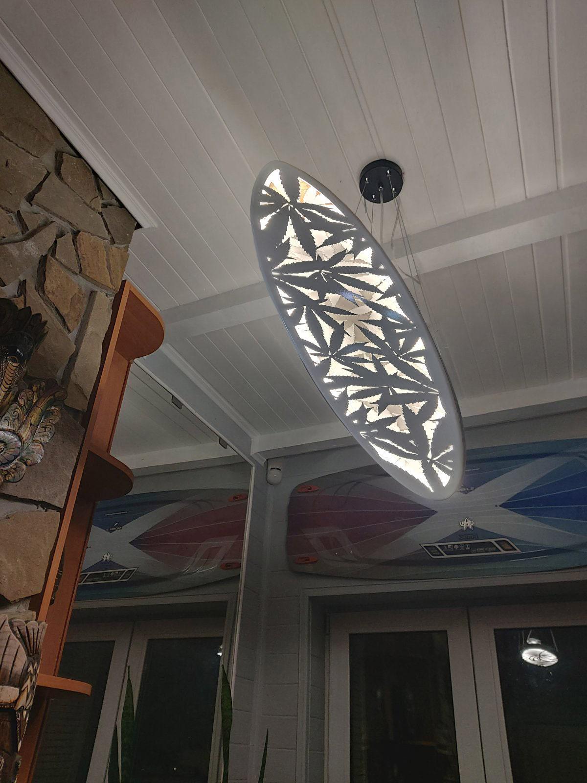 Surfboard LED Ceiling Light, Cannabis Leaf Decor, Wooden Wall Lamp
