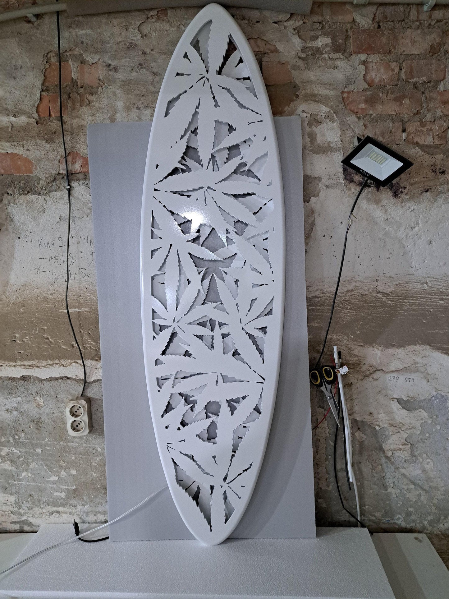 Surfboard LED Ceiling Light, Cannabis Leaf Decor, Wooden Wall Lamp