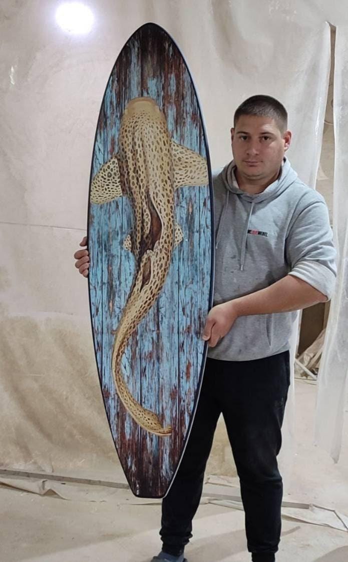 Leopard Shark Surfboard Wall Art – Beach & Nautical Decor – Indoor/Outdoor Wood Sign