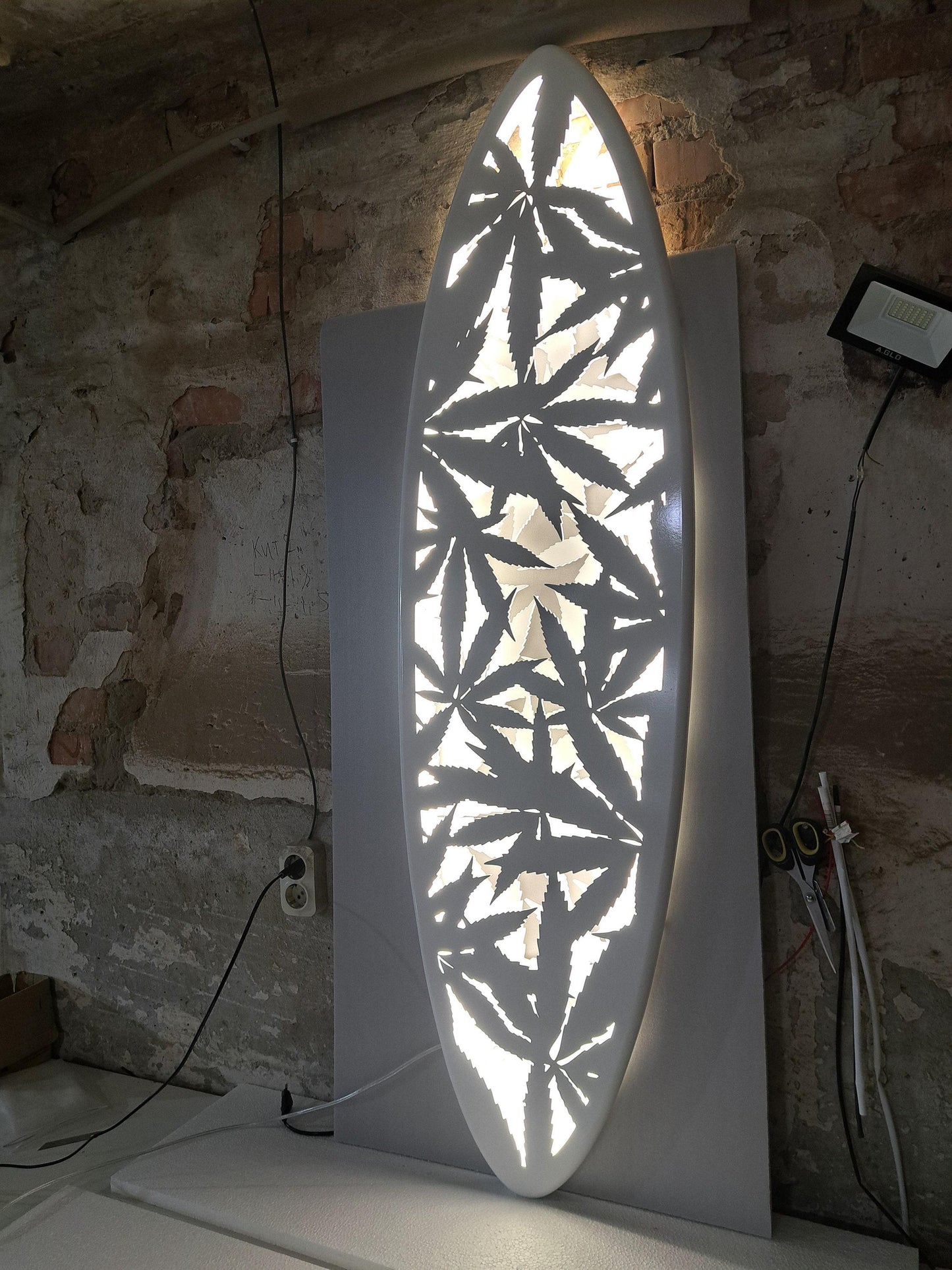 Surfboard LED Ceiling Light, Cannabis Leaf Decor, Wooden Wall Lamp