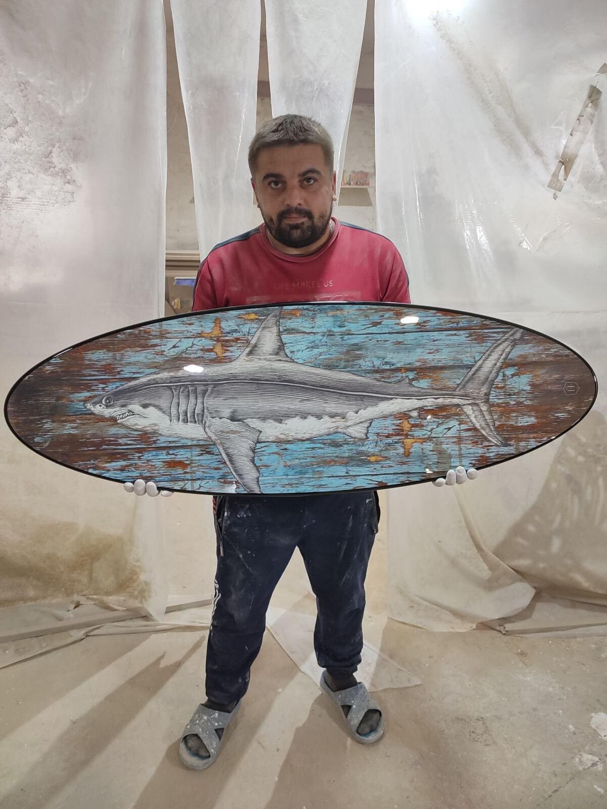 Surfboard Coffee Table: Shark Art, Beach Bar Decor