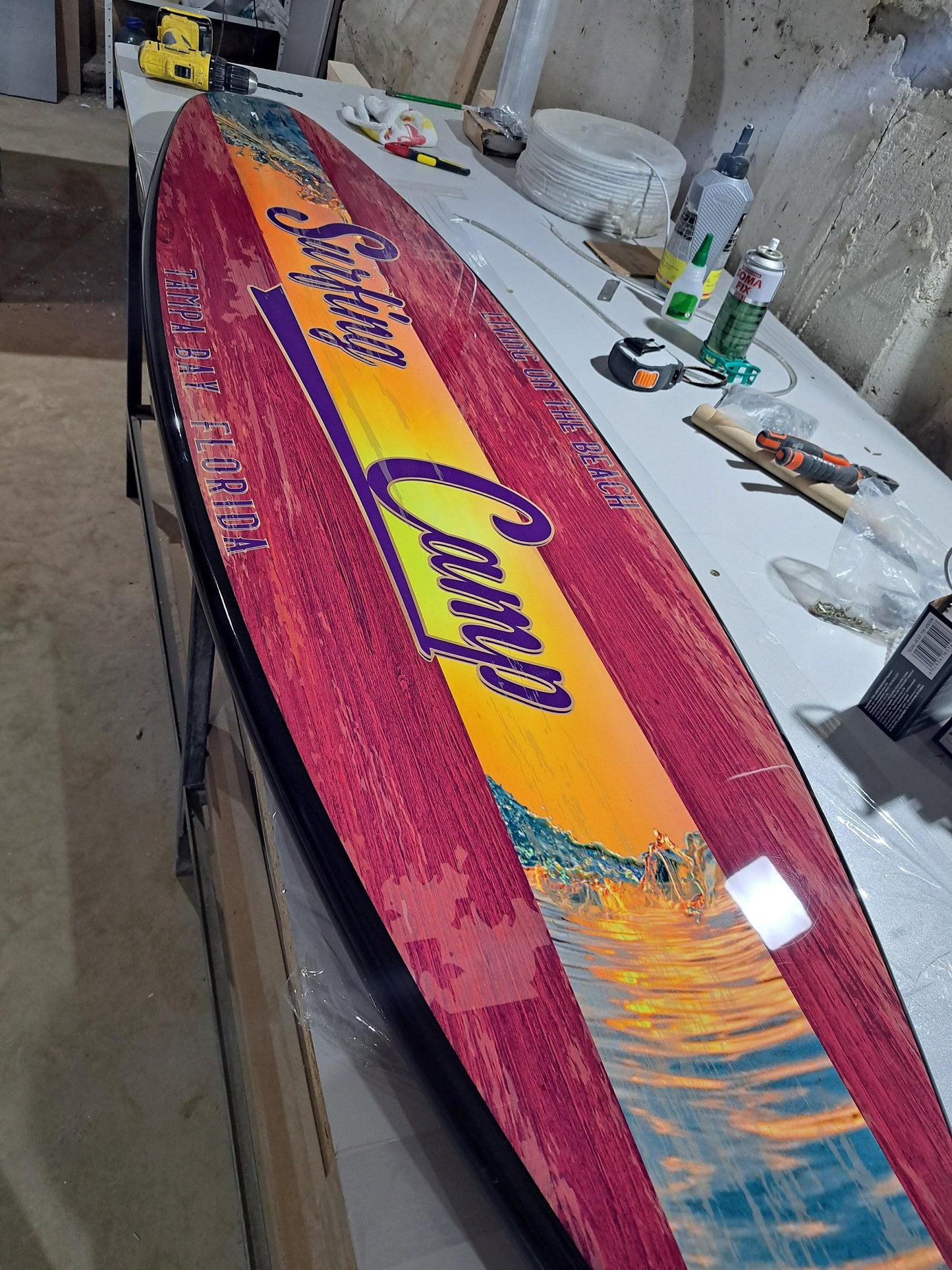 Surfboard shaped ceiling chandelier Surf Camp, Pool Billiard Table Light