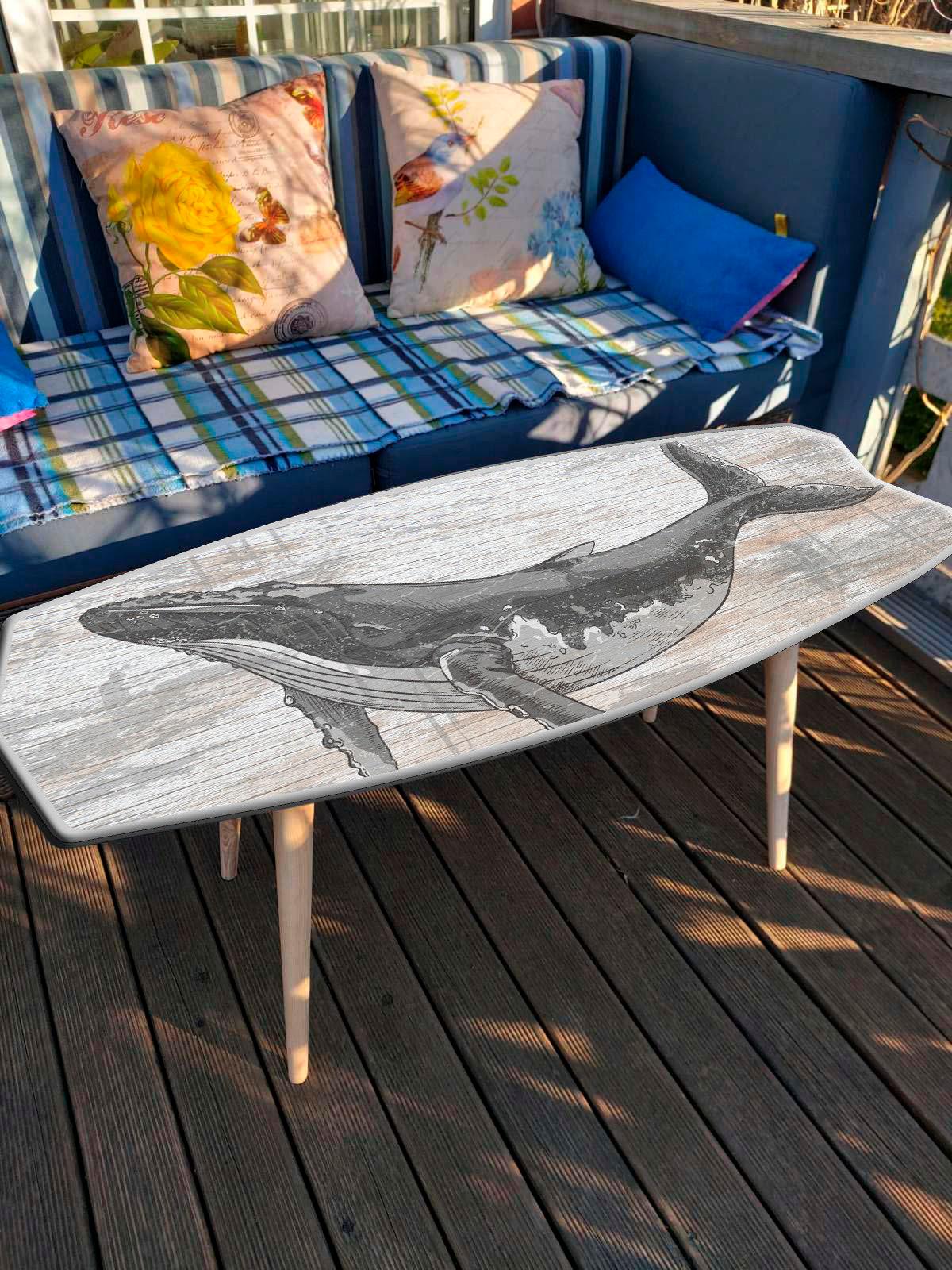 Handmade Surfboard Coffee Table – Ash Wood, Whale Design (150x45 cm)