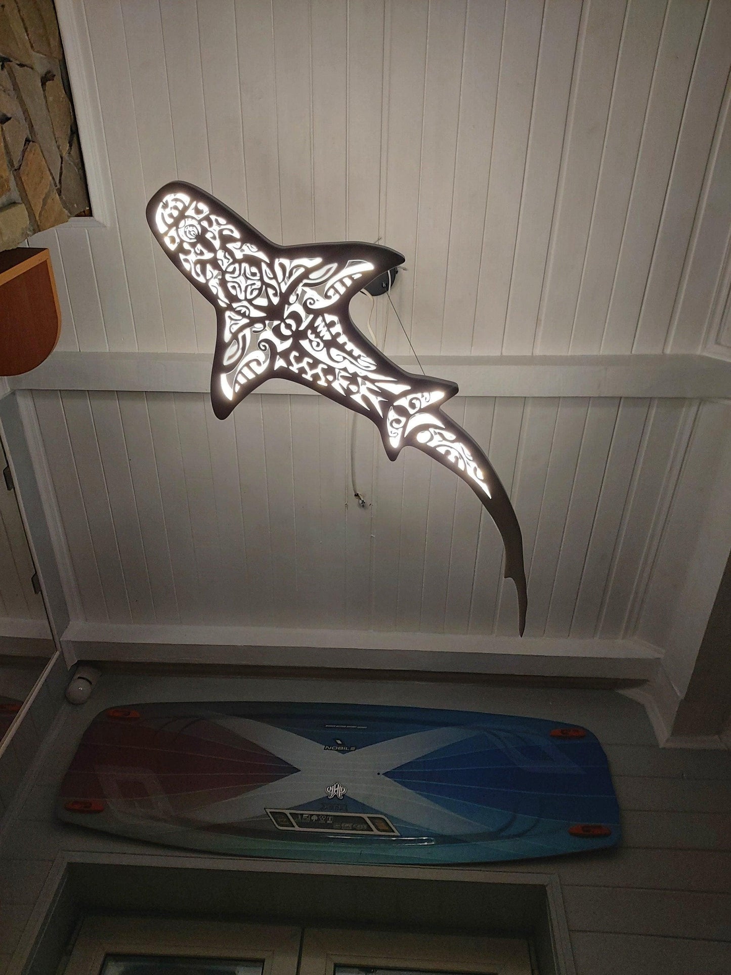 Shark-shaped ceiling chandelier in Maori surf style