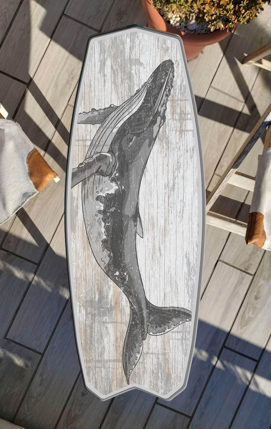 Handmade Surfboard Coffee Table – Ash Wood, Whale Design (150x45 cm)