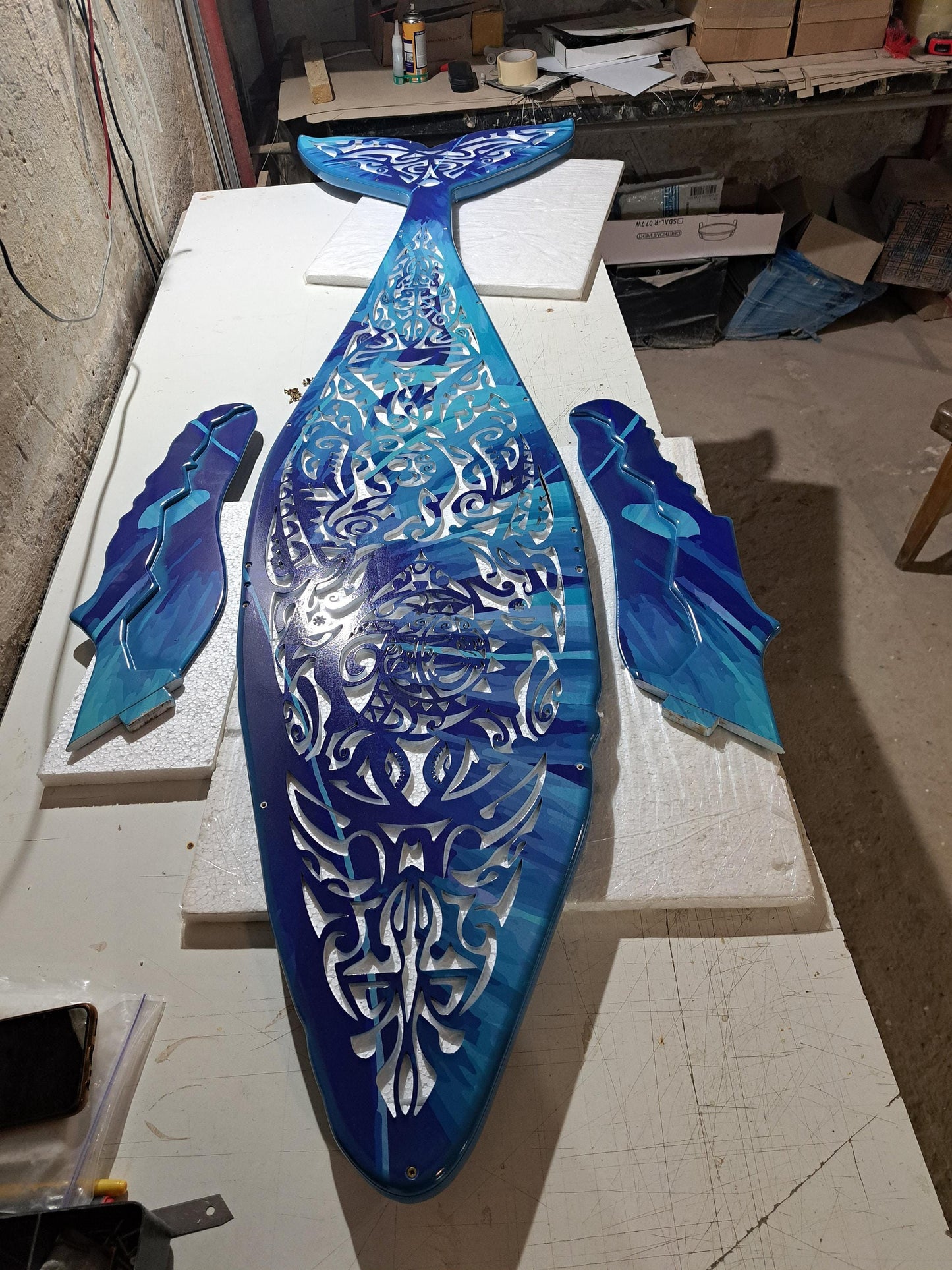 Whale Chandelier – Maori Surfboard Ceiling Lamp – Ocean LED Coastal Decor Light