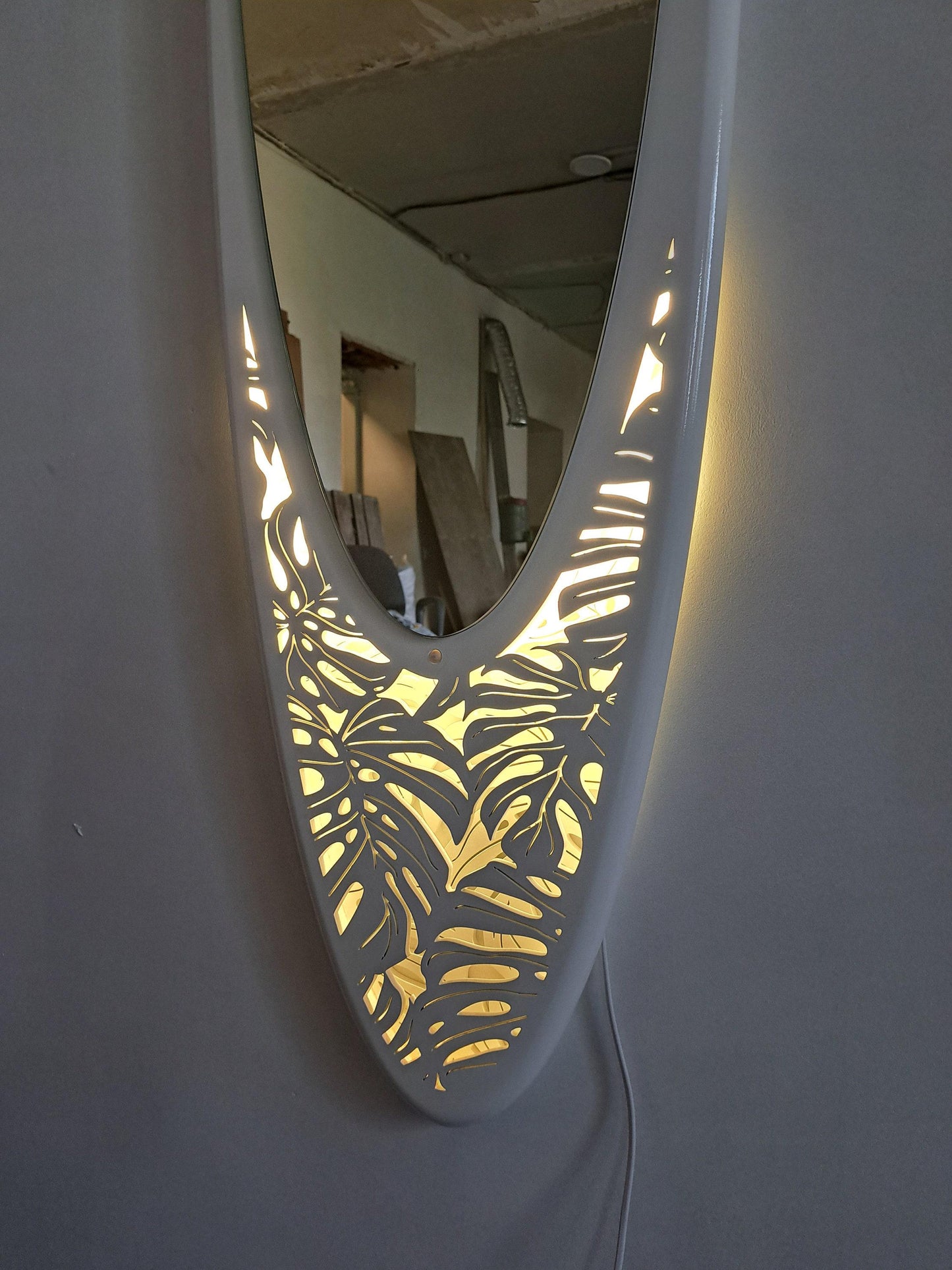 Surf Paradise: Exotic Longboard Mirror with Motion Sensor Light