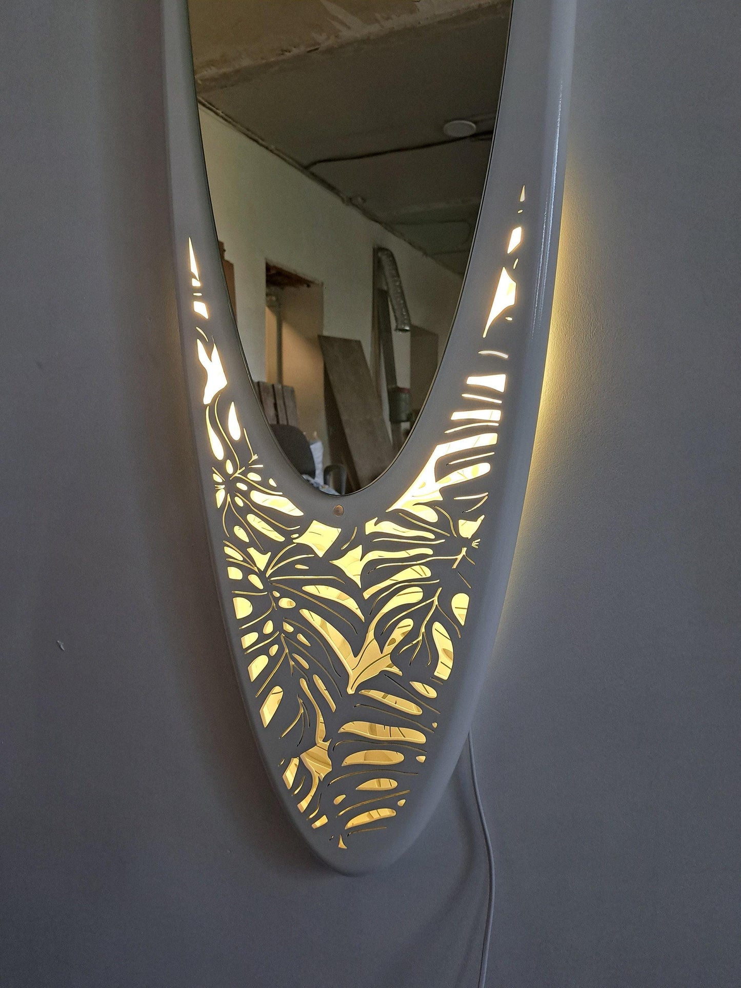 Surf Paradise: Exotic Longboard Mirror with Motion Sensor Light