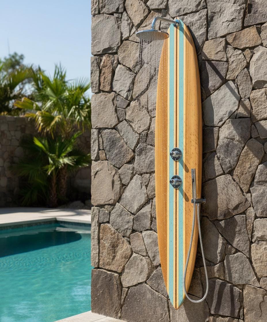 Surfboard Outdoor Shower Panel – Vintage Coastal Garden Wall Shower