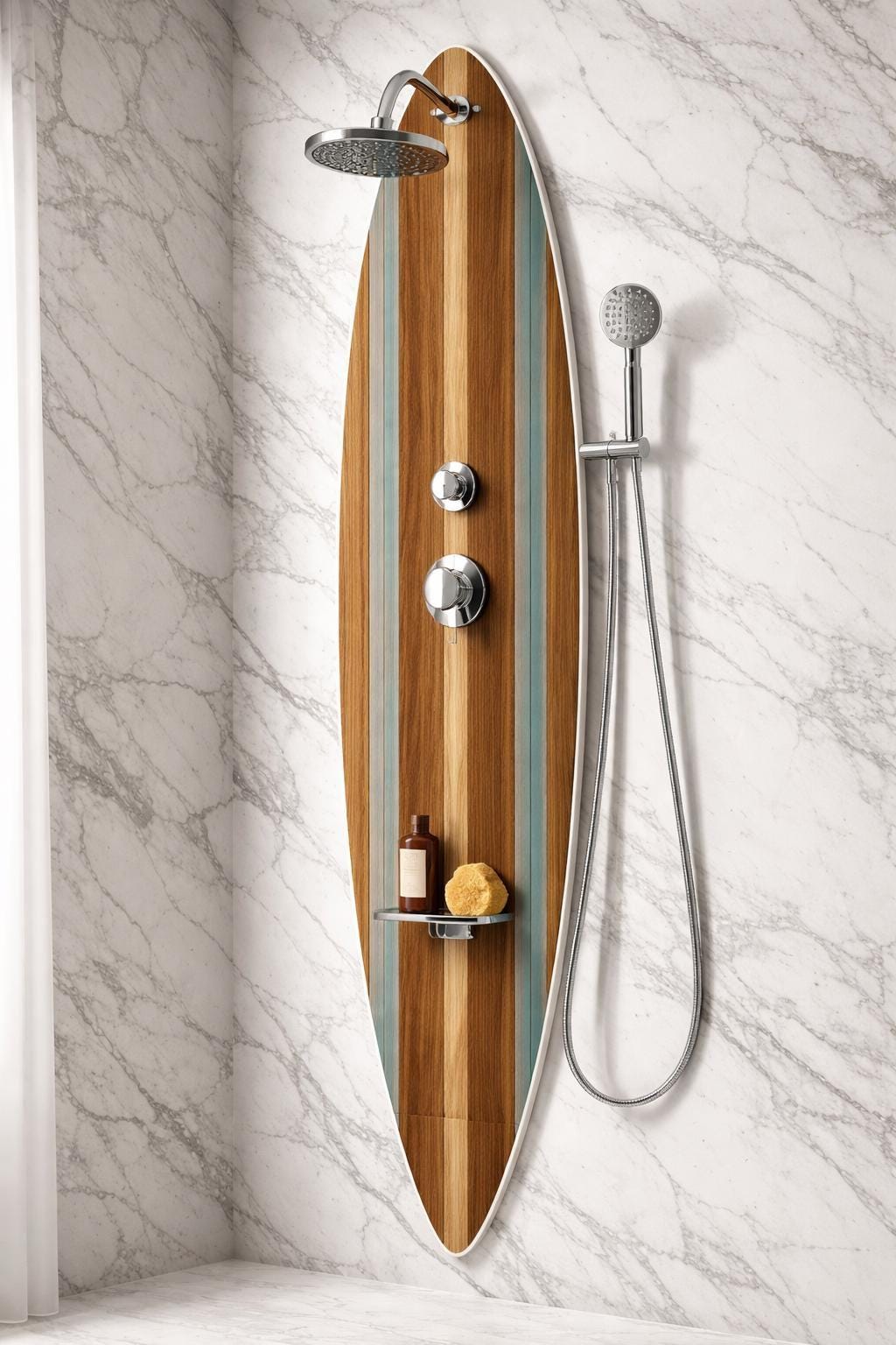 Surfboard Shower Panel, Wood Coastal Bathroom Decor, Turquoise Stripe Beach House Art